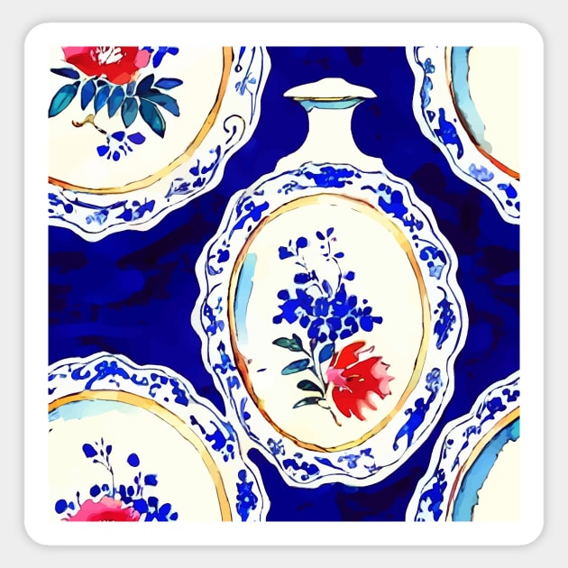 Chinoiserie on jeweled cobalt blue Sticker by SophieClimaArt